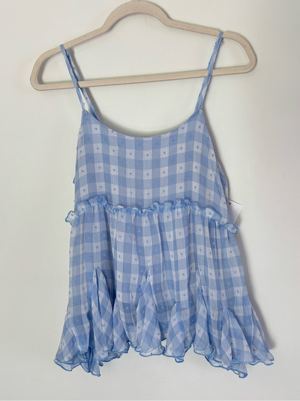 Blu Ivy Light Blue Checked Swiss Dot Ruffle Tank Top Small New Cottage Coquette